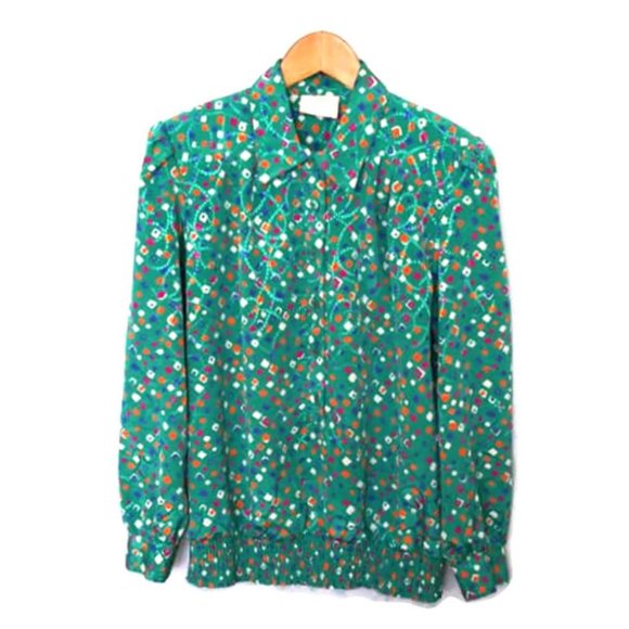 Vintage Tops - Vintage Swann Teal Diamond Print Popover Blouse 12